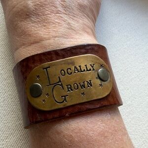 “Locally Grown” (Vegetarian) Brown Leather Cuff Brass Plate by JUNK GIRLS